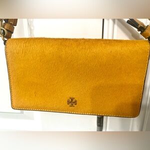 TORY BURCH Cleo embellished calf hair and suede shoulder bag